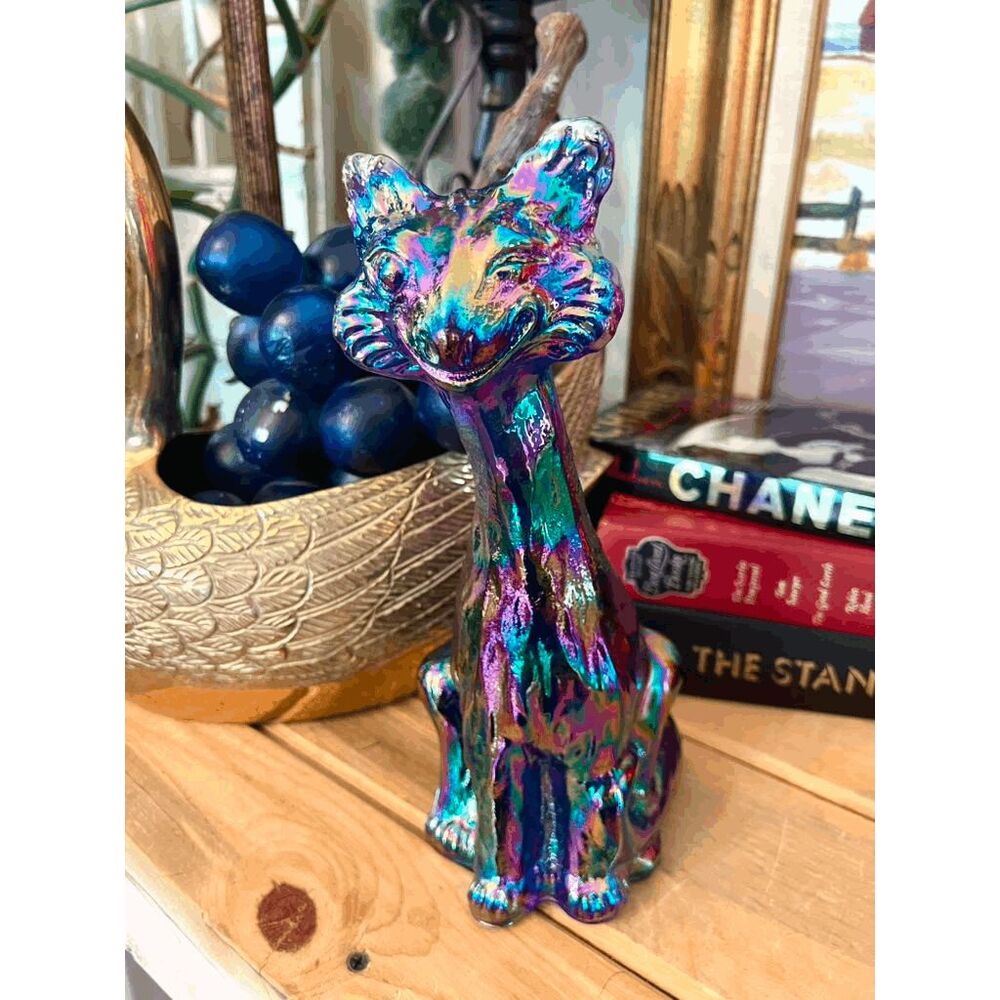 Fenton Iridescent Blue Carnival Glass Winking Alley Cat 11" Vintage Figurine - Picture 4 of 6